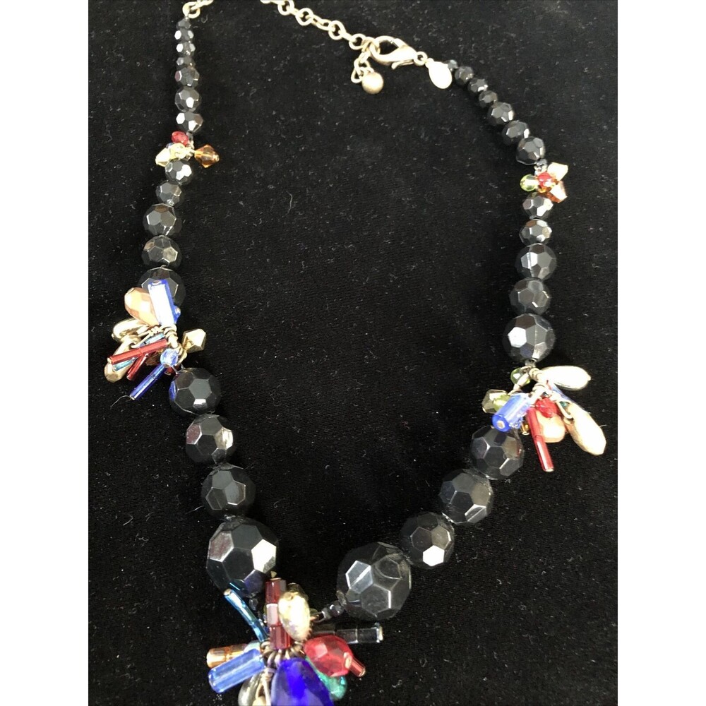 Vintage CHICO'S Colorful Bead Necklace Black Lucite Beads With Glass Dangles 20”